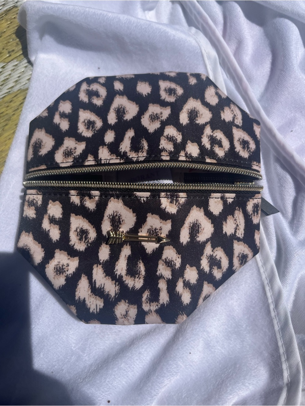Stella and Dot Leopard Print Cosmetic Pouch - Black and Beige with Gold Accent